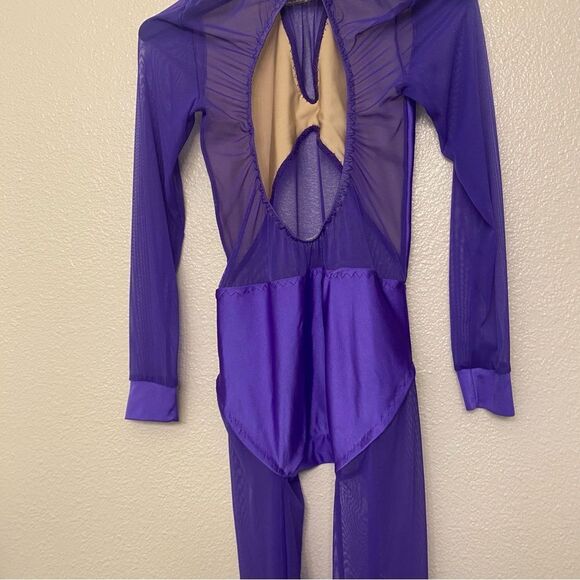 Custom solo dance costume purple unitard jumpsuit mesh  XXS adult LC child - Picture 6 of 13